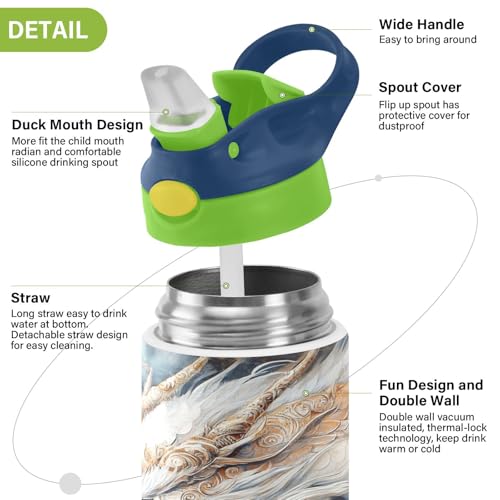 OTVEE White Dragon Kids Water Bottle with Straw Lid 12 oz Insulated Stainless Steel Leakproof Duck Mouth Tumbler Cup for Boys Girls Teen School - color: White Dragon