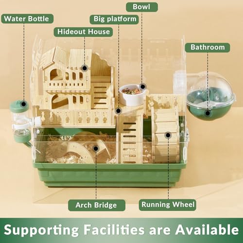 Cycodo 8 in 1 Acrylic Hamster Cage,2-Tier Dwarf Hamster Cage with Wooden Wheel & Hideout,Small Hamster Habitat with Accessories,Clear Pet Mice House(Green,14" L*10" W*11" H) - color: Green