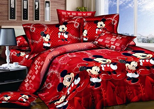 100% Cotton Kids Reversible Printing Mickey Mouse Couples Duvet Cover 3PCS Bedding Set with Zipper Closure, Full(No Comforter) - color: Red, size: Full