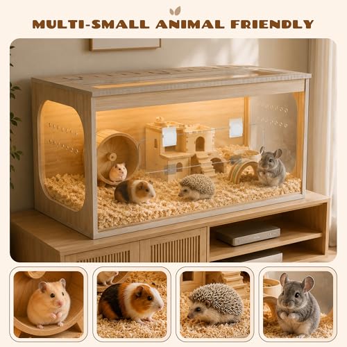 32" Large Wooden Hamster Cage with Lockable Front Access Door & Openable Top, Thick Acrylic Panels, Ventilated Hamster Habitat for Syrian Hamsters, Dwarf Hamsters, Gerbils, Guinea Pigs