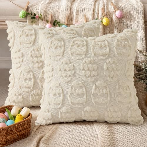 decorUhome Beige Faux Fur Egg Throw Pillow Covers 16x16 Set of 2 | Plush Soft Wool Jacquard Beige Cushion Covers, Modern Farmhouse Neutral Easter Holiday Decor Pillow Covers for Couch Sofa Bed - color: Eggs Beige, size: 16" x 16" (Pack of 2)