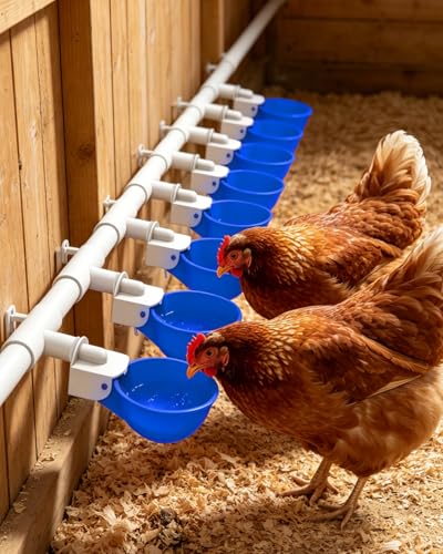Chicken Waterer Cups (8 Pack) with 3/8" Drill Bit - Blue | Automatic Poultry Drinker Feeder Kit for Chickens, Ducks, Turkeys, Quail, Bunnies | DIY Gravity Fed Bucket Water Dispenser - color: Blue, size: 8 Pack + Drill bit