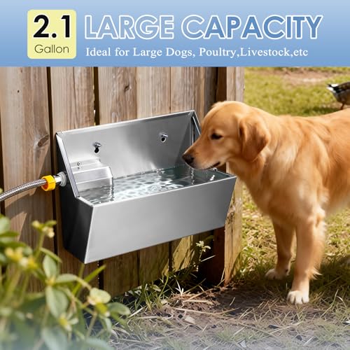 Automatic Water Dispenser for Large Dogs, 2.1 Gallon Stainless Steel Auto Water Bowl Self Filling, Waterer Feeder for Outdoor Animals Drinking, Chicken Livestock (Drainage Hole)