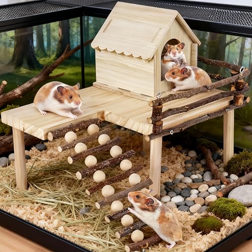 Wooden Hamster House and Platform, Hamsters Platform with Ladder, Hamster Cage Accessories, Cute Small Pets Toy for Hiding Sleeping Activities Habitat Decor