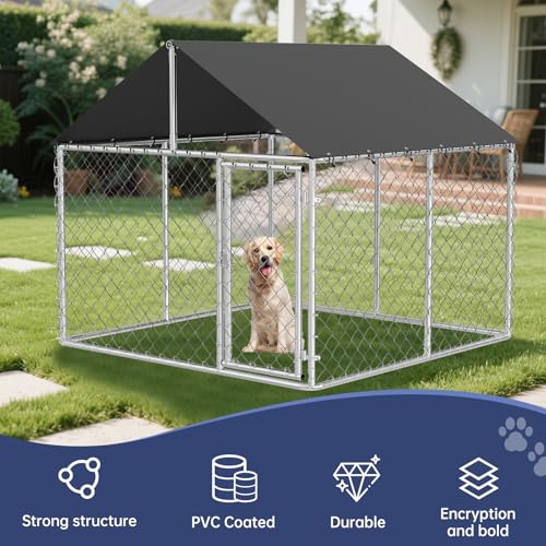 Petony Outdoor Dog Enclosure Heavy Duty Dog Kennel House Mesh Dog Big Cage Pet Kennel Steel Fence with Secure Lock - size: 78”W x 78”D x 65”H