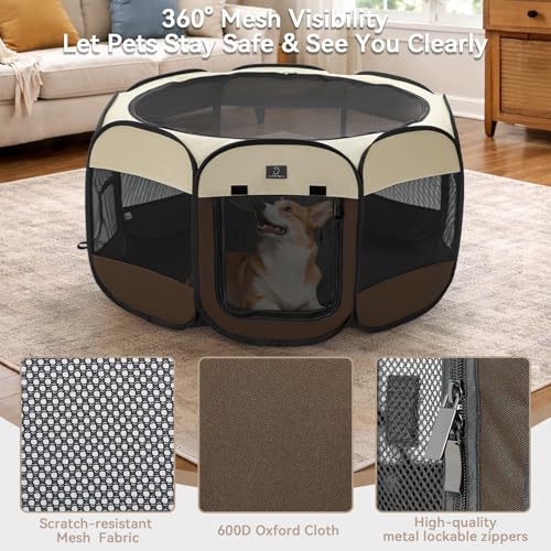 A 4 Pet 40.55-in Dog Playpen, Small Dogs & Puppies, Brown+Beige | Includes bowl, waterproof floor, pop-up design, home/travel/outdoor use - color: Brown+Beige, size: M(40.55"x40.55"x20.5")