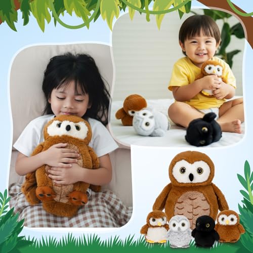 Hollowfly 5 Pcs Owls Plush Toy Gift Set 13.4" Mommy Barn Owls with 4 Cute Babies Stuffed Animal in Zippered Back Nurturing Plushies Toy Set for Kid Adults Birthday Party Favors Gifts - style: Barn Owls