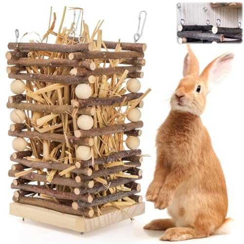 Eorbow Wood Rabbit Hay Feeder, 7" Hanging Grass Holder with 2 Hooks, Small Animals Feeding Hay Manager for Cage, Bunny Hay Feeder Rack for Chinchilla Guinea Pig Hamster Gerbil