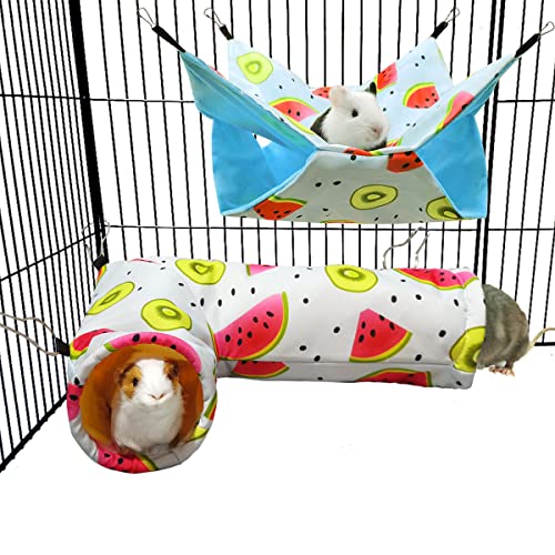 Guinea Pig Rat Corner Tunnel & Tubes Bunkbed Hammock, Guinea Pig Hideout for Small Pet Hedgehog Piggy Hamster Hide(3. Hammock&Tunnel-Watermelon) - color: 3. Hammock&Tunnel-watermelon