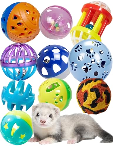 10 Pack Hollow Plastic Play Balls, Assorted Shapes for Ferrets | Multi Style Hollow Plastic Balls, Built In Small Bells, Smooth Pp Plastic Material, Mixed 1.5–2.7 Inch Sizes - size: 1.5'' - 2.7''