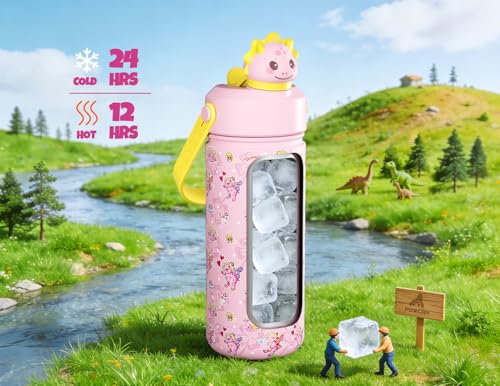 POWCAN 18 oz Kids Water Bottle: 2-in-1 Straw Spout Lid with Soft Animal Head, Leakproof, Backpack Friendly, Keep Cold 24H, Cute Patterns, Insulated Cup for School, Playtime, Trip, Gift (Lovely Trike) - color: Lovely Trike, size: 18 Ounces