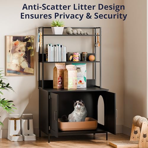 Cozy Castle Cat Litter Box Enclosure with Storage, 57'' Hidden Cat House Furniture, Wooden Cat Cabinet with Shelves & 4 S-Hooks, Indoor Cat Litter Box Organizer, Black - color: Black