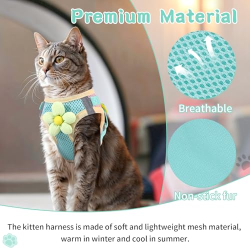 Cat Harness and Leash Set, Escape Proof Soft Vest Walk Green XS | Adjustable, Easy Wear, Breathable Comfy Mesh, Reflective Strips, Sturdy Clip Buckle Flower Harness for Cats Kitty Puppy Bunny - color: Turquoise green, size: Extra Small