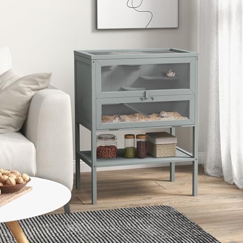 PawHut 3-Tier Wooden Hamster Cage Mice and Rat Cage Gray | Small Animals Hutch, Openable Top, Storage Shelf - color: Gray