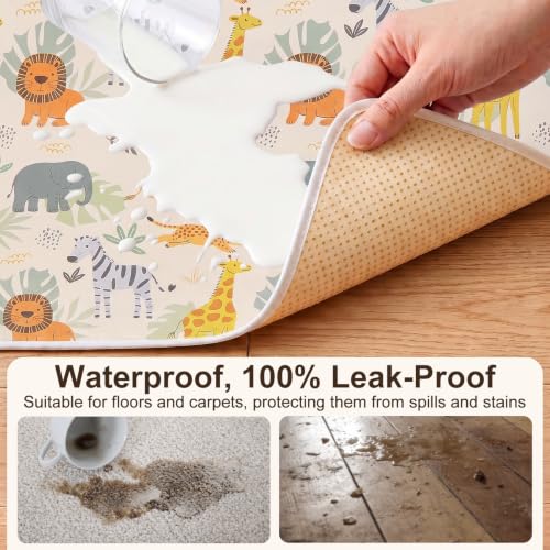 Basumee Splat Mat for Under High Chair, Waterproof & Mess-Proof Floor Mat | 46"×42" Baby Splash Mat, Non Slip Bottom, 4-Layer Fabric, Food & Liquid Catcher, Machine Wash for Boy Girl, Meals, BLW, Craft - color: Beige Savanna Animals, size: 46x42 Inches