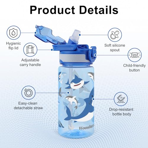 Kids Water Bottle for School, 16 Oz Plastic Water Bottle, 1 Pack | Silicone Spout, Pop-Up Cover, BPA Free & Dishwasher Safe, Shark - color: Shark, size: 16.2 Ounces