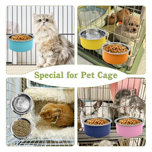 Tfwadmx 6 Pcs Crate Dog Bowl Cat Removable Stainless Steel Food and Water Feeder Hanging Cage Bowls Coop Cup with Cleaning Set for Pet Puppy Bird Rat Guinea Pig Ferret Bunny Rabbit - color: navy,blue,yellow,orange,pink,green (6 PCS)