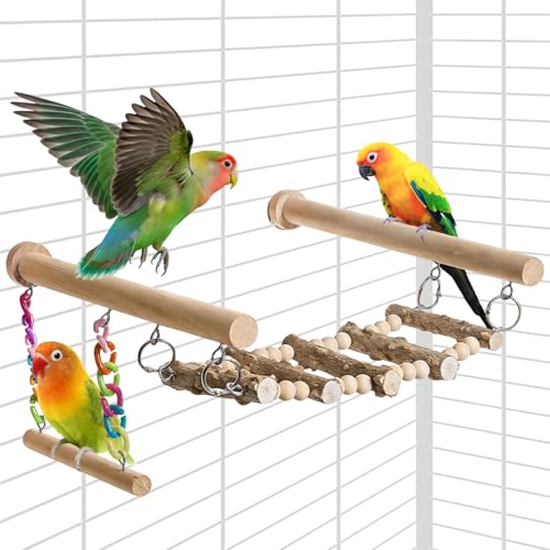 Bird Perches Ladder with Swing,Natural Wood Parrot Climbing Bridge Toys | Wood Climbing Ladder for Parakeet, Exercise Play Stand Parakeet Cage Accessories for Budgie Conure Lovebird Canary,B - color: B