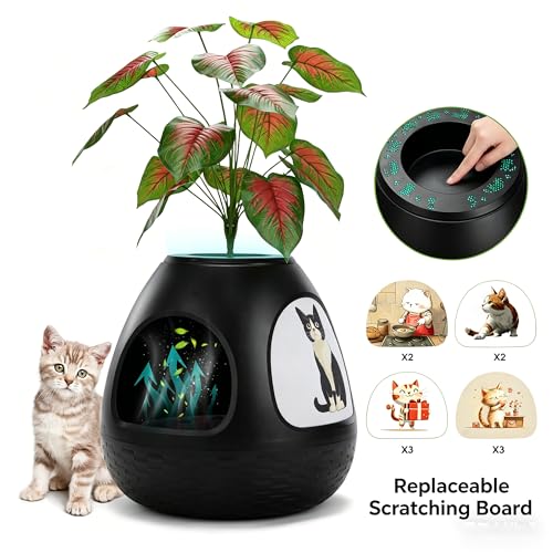 COZIWOW Eggloa6 Plant Litter Box, Hidden Cat Litter Box Enclosure, Odor Removal System, Replaceable Scratching Board, Scoop, Cat House with Cushion ＆ Heating Pad, Artificial Plants (Black) - color: Black