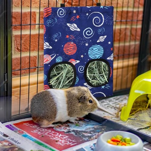 JarThenaAMCS 2 Pcs Rabbit Hay Feeder Bag with 2 Holes Guinea Pig Hanging Hay Feeding Bag Blue Galaxy Storage Dispenser for Chinchilla Hamster Bunny Small Animal Pet, 11.5 x 9 Inch