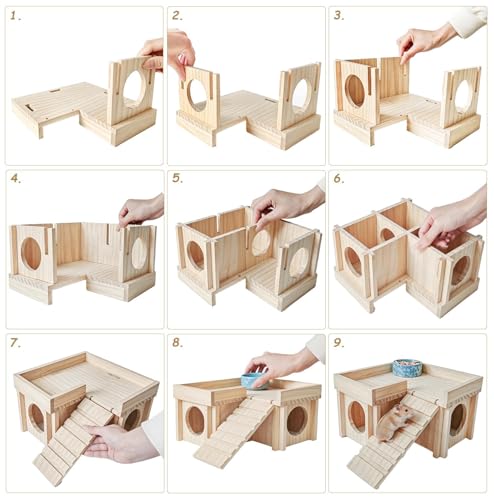 Wooden Hamster Hideout,Dwarf Hamster Hide House with Platform & Bowl & Ladder,Small Hamsters Maze Hut Hides Habitats Decor Cage Accessories for Gerbils,Mice,Mouse