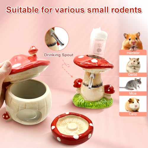 Mushroom Ceramic Hamster Hideout, Water Bottle with Stand, Food Bowl, Hamster Accessories (red) - color: red