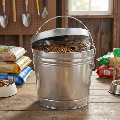 Galvanized Steel Locking Lid Trash Can - 6-Gallon Rodent-Proof Outdoor Storage Bin with Weather-Resistant Lid, Pet Food, Bird Seed, Charcoal Storage, Heavy Duty Metal Can