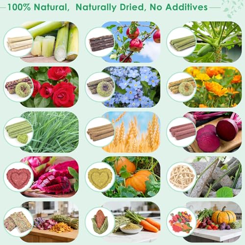 ERKOON 106PCS Bunny Chew Toys for Rabbits Teeth, Natural Rabbit Toys Apple Wood Sticks, Carrot, Timothy Grass Treats for Small Pets, Hamster, Chinchilla, Guinea Pig Dental Care and Treat Teething Toys - size: 106