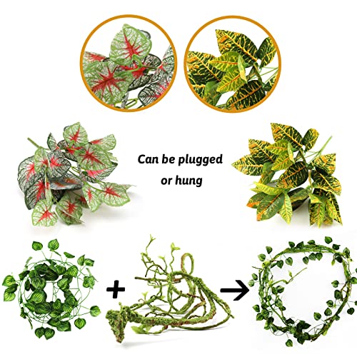 Reptile Plants, Terrarium Hanging Plant Vines Artificial Leaves Reptile Hide, Leopard Gecko Tank Accessories, Terrarium Decorations for Bearded Dragon Lizard Snake Geckos Chameleon