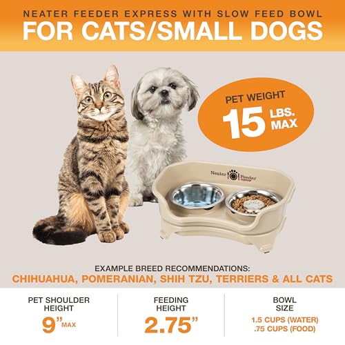 Neater Feeder Express Mess Proof Dog Bowls Elevated for Small Breed – Made in USA – No Spill Raised Slow Feeder Elevated Dog Bowl Stand, Stainless Steel Food and Water Bowl Set, Almond - color: Almond, size: Small w/ Metal Slow Feed Bowl