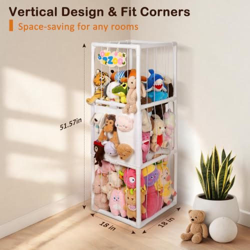 Stuffed Animal Storage Zoo Holder Space Save, PVC Stuffed Animal Organizer | Vertical Plush Toy Organizer with Elastic Band and Net, Large Capacity Stuffy Storage for Playroom Bedroom Nursery - color: White-3 Tier