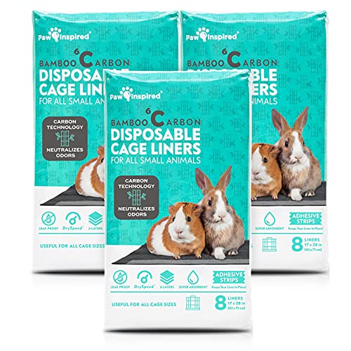 Paw Inspired Disposable Cage Liners, 28x17 Inch (C&C 2x1), 24 Count | Bamboo Charcoal Odor Controlling, Super Absorbent Pads For Guinea Pigs, Ferrets, Rabbits, Hamsters, Small Animals