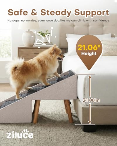 Dog Ramp for Bed & Couch, Dog Stairs 21.06 inches High for Large/Medium/Small Doggie, Foldable 2 in 1 Wooden Pet Steps for Puppy Older and Injured Dogs, Split Ottoman Design, No-Slip Surface（Apricot） - size: 21.06" H- Apricot