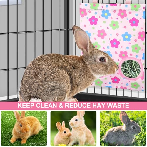 JarThenaAMCS 2 Pcs Rabbit Hay Feeder Bag with 2 Holes Guinea Pig Hanging Hay Feeding Bag Pink Floral Storage Dispenser for Chinchilla Hamster Bunny Small Animal Pet, 11.5 x 9 Inch