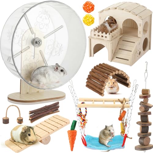 11 Pcs Hamster Cage Accessories Set, Bridge, Exercise Wheel, Swing, Chew Toys & More, Natural Wood Hamster Play Set for Dwarf Hamsters, Mice Small Animals Habitat(Wooden Hawaii House) - style: Wooden Hawaii House