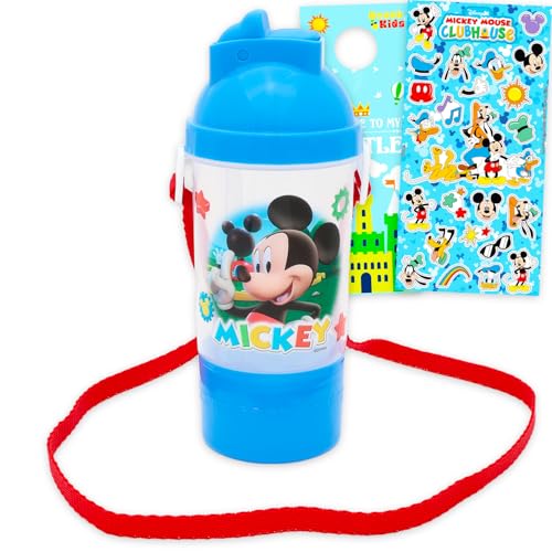 Disney Mickey Mouse Snack and Sip Water Bottle Set - Bundle with 13.5 oz Mickey Water Bottle with Snack Cup Plus Stickers, More Drinking Canteen