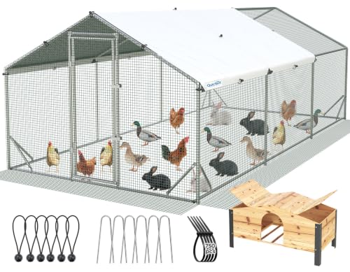Quictent Large Metal Chicken Coop Run for 30+ Poultry w/Beige Nest Box | Side Hardware Cloth & Cover, Advanced Series Outdoor Walk-in Cage Hen Duck Rabbit Dog Pen Yard Farm House, 18x9x6.6FT - color: Beige, size: 214.5"L x 107.3"W x 78.0"H