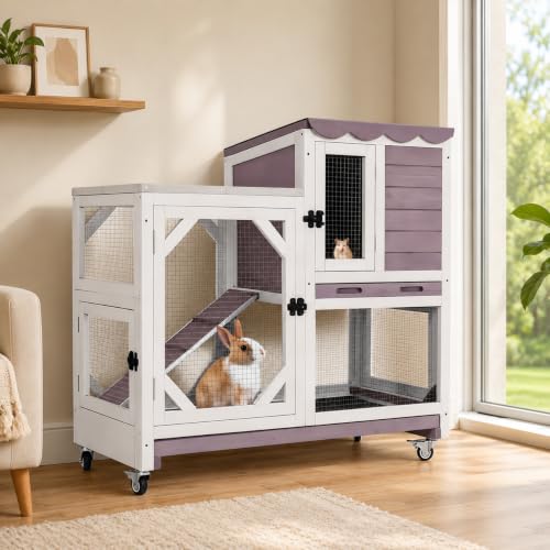 Aivituvin Rabbit Cage Indoor, 2-Story Bunny Cage with Leak-Proof Trays, Chew-Proof Wooden Rabbit Cage on Wheels for Small Pets (39.3" L x 22" W x 36.8" H) - Grey - color: Grey