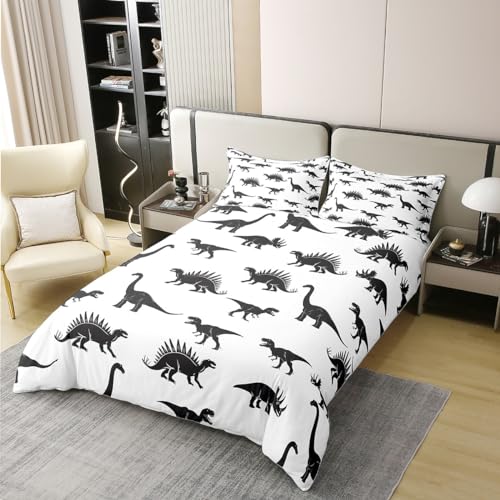 100% Cotton Dinosaur Duvet Cover Dino Silhouettes Bedding Set Full Size, Wildlife Animals Black White Comforter Cover For Kids Boys Teens Adult Bedroom Decor Dinosaurs Quilt Cover 2 Pillowcases - color: Multi 08, size: Full (No Comforter)