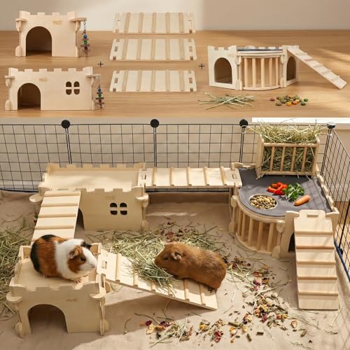 YKD Castle Chinchilla House, Guinea Pig Hideout | Chinchilla, Guinea Pig, Hedgehog, or Rat, Ventilated Wooden Guinea Pig Hut Habitat with Multiple Doors (Medium) - size: Medium Assembly Style