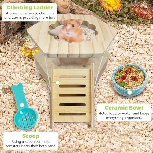 Hamiledyi Hamster Sand Bath Box Transparent Gerbil Digging Sand Container Acrylic Small Dwarf & Syrian Hamster Shower Bathtub with Climbing Ladder Bowl and Scoop Cage Accessories for Lemmings (Flower) - style: Flower