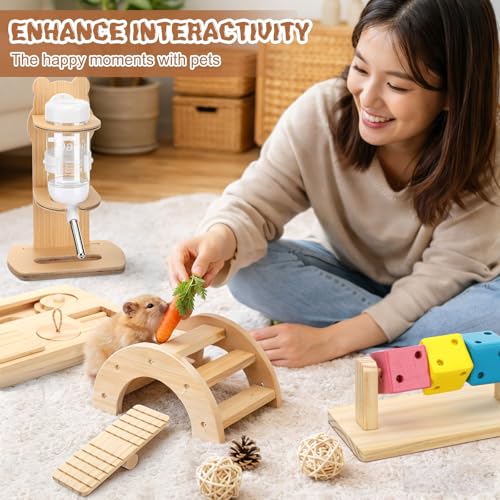 Leinuosen 19 Pcs Hamster Cage Accessories Toy Set Large 12*9*7 Inch Wood House with Window and Water Bottle with Stand Foraging Toy Hideout Hamster Climbing for Starter Guinea Pig Small Animal Habitat