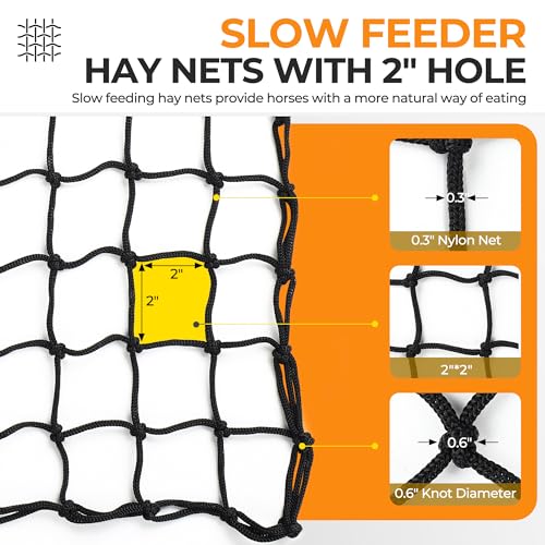FRUITEAM Hay Nets for Horses, Heavy Duty Hay Bags with 2" Hole, Durable Hanging Hay Net for Goat Sheep, Slow Feed Hay Net with Upgraded Anti-Biting Nylon Rope (35" Length)
