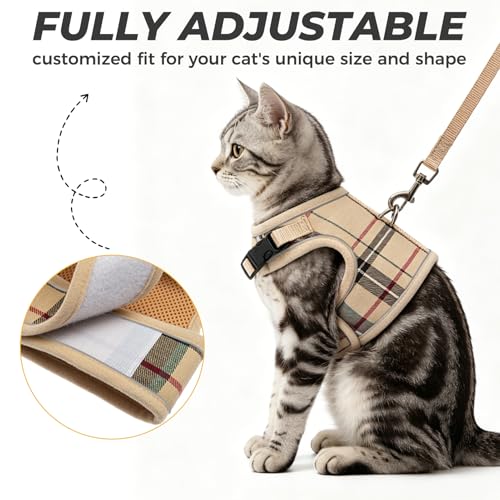 BINGPET Cat Harness and Leash Set, Escape Proof and Adjustable, Small | Step-in Vest, Lightweight Soft Breathable Mesh, Hook & Loop, Easy Control for Kittens & Small Cats Walking Travel - color: Plaid, size: Small
