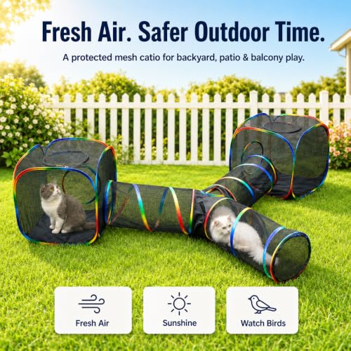 Outdoor Rainbow Cat Enclosures Playground,Outside House for Indoor Cats Include Portable Tent, 3 Way with 2 Cube Tunnel, for Kitty and Small Animals,Within Storage Bag - size: 2 Cube+3-Way Tunnel (no tent)