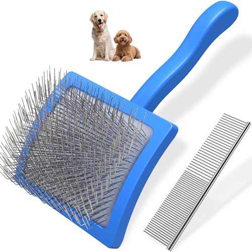 2PCS Slicker Brush for Dogs & Pet Comb,Professional Dog Grooming Brush (Goldendoodles,Poodles,Labradoodles) with Extra Long Pins to Effectively Remove Tangles, Knots and Mats (Blue, Large) - color: Blue, size: Large