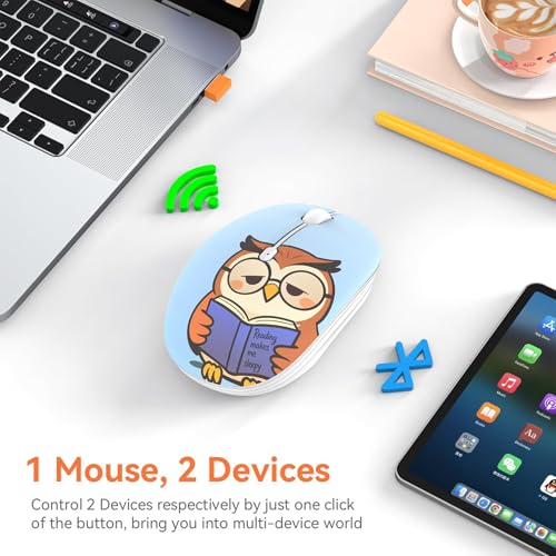 FMOUSE Cute Cartoon Silent Wireless Mouse, Dual Mode Bluetooth & USB 2.4G | Sleepy Book Owl, Ideal for Kids Students Back to School | AA Battery Powered | Compatible with Laptop Mac iPad Tablet > - color: Sleepy Book Owl