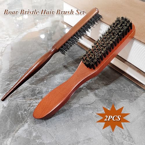 2 PCS Boar Bristle Hair Brush Set for Men Women Bristle Hair Brush for Slick Back Wet Hair and Beard Grooming Rat Tail Comb Teasing Comb Edge Beard Brush for Slicking Hairs (2PCS) - color: 2PCS