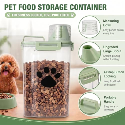 Dog Storage Container with cleaning brush with Measuring Cup | Airtight Portable Pet Food Containers with Upgraded Large Spout and Cup for Dogs,Cats,Birds,Small Animals（Green） - color: 3QT-Green