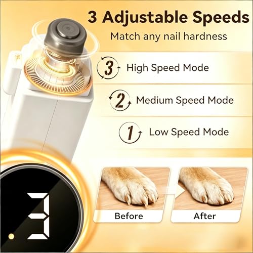 2 in 1 Dog Nail Clippers & Grinder with Light, Quiet Electric Cat Nail Trimmer for Large Medium Small Dogs & Cats, 3 Speeds, Rechargeable, Splash Guard & Safety Lock, Painless Grooming Tool (White)